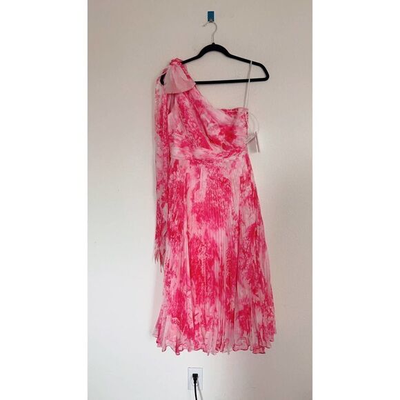Marchesa one shoulder printed chiffon pleated dress pink US8 - Picture 6 of 10